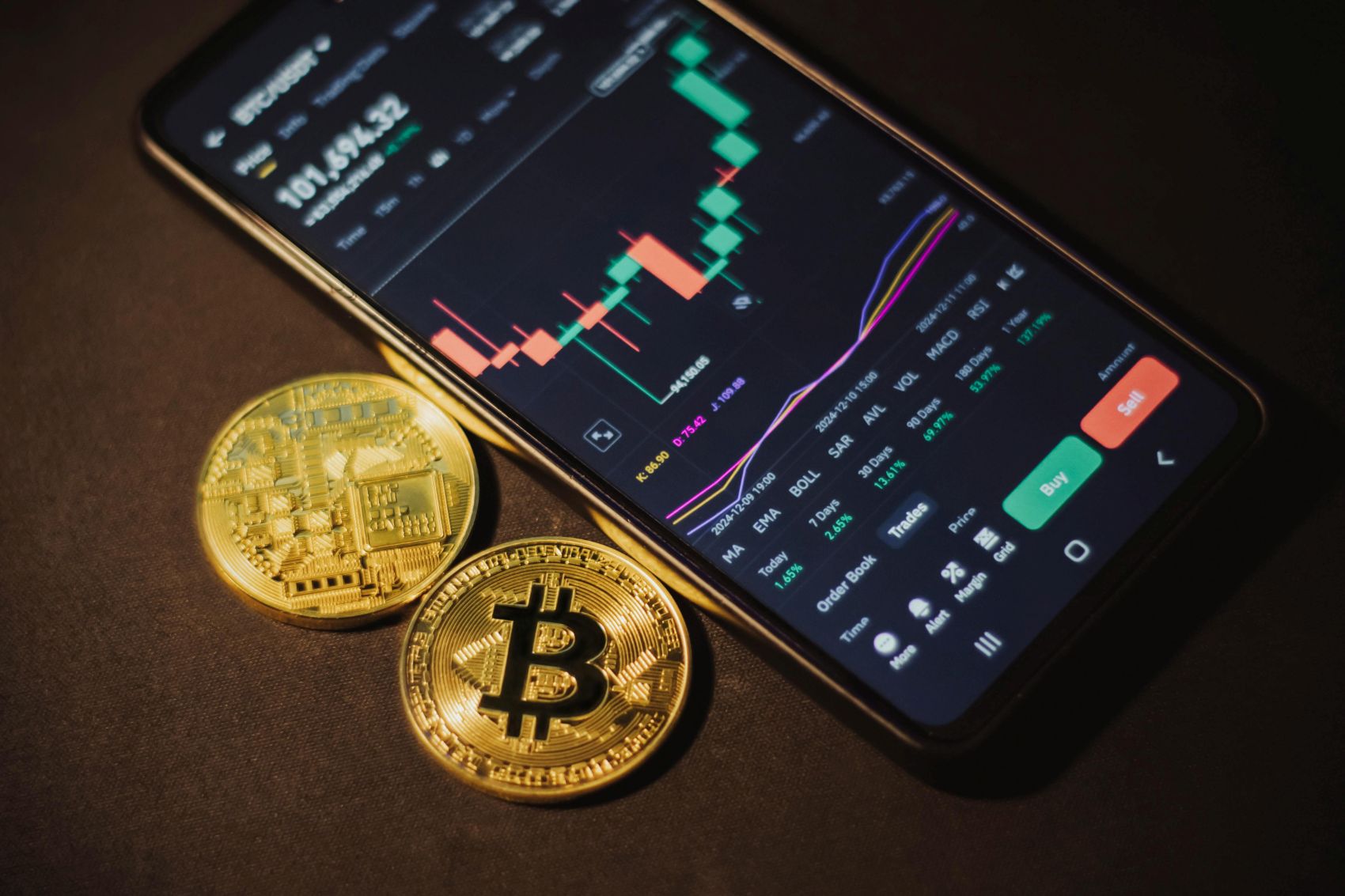 Išmanusis telefonas su atidaryta kriptovaliutų prekybos programėle, kurioje matomas kainų grafikas, šalia padėtos fizinės Bitcoin monetos.